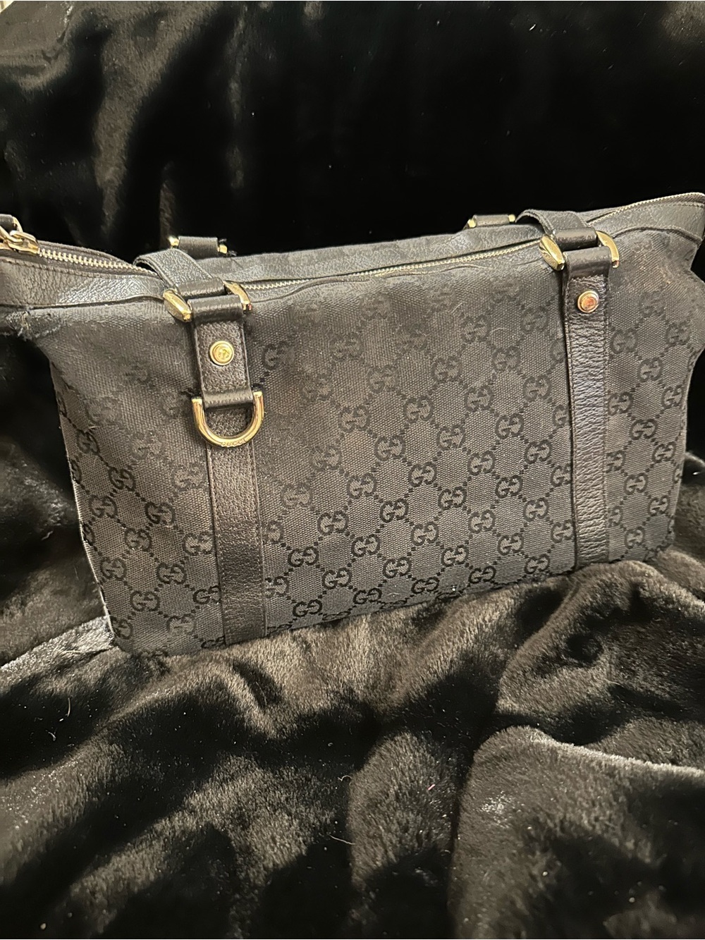 Vintage Gucci Abbey Black GG Canvas Shoulder Tote with Gold-Tone Accents